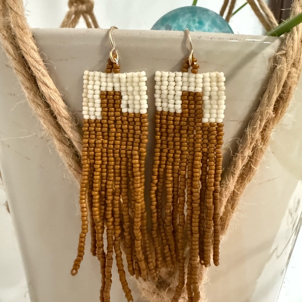 Beaded Fringe Earrings in Cream and Tan